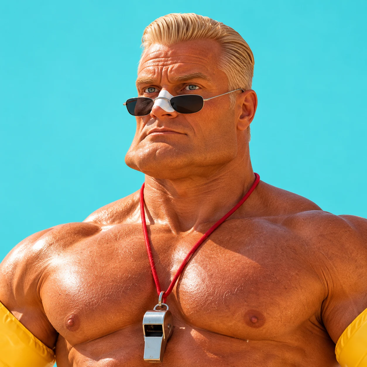 Square token portrait of Bobby Float, with slicked blond hair, enormous square jaw, low sunglasses and white sunscreen on his nose.